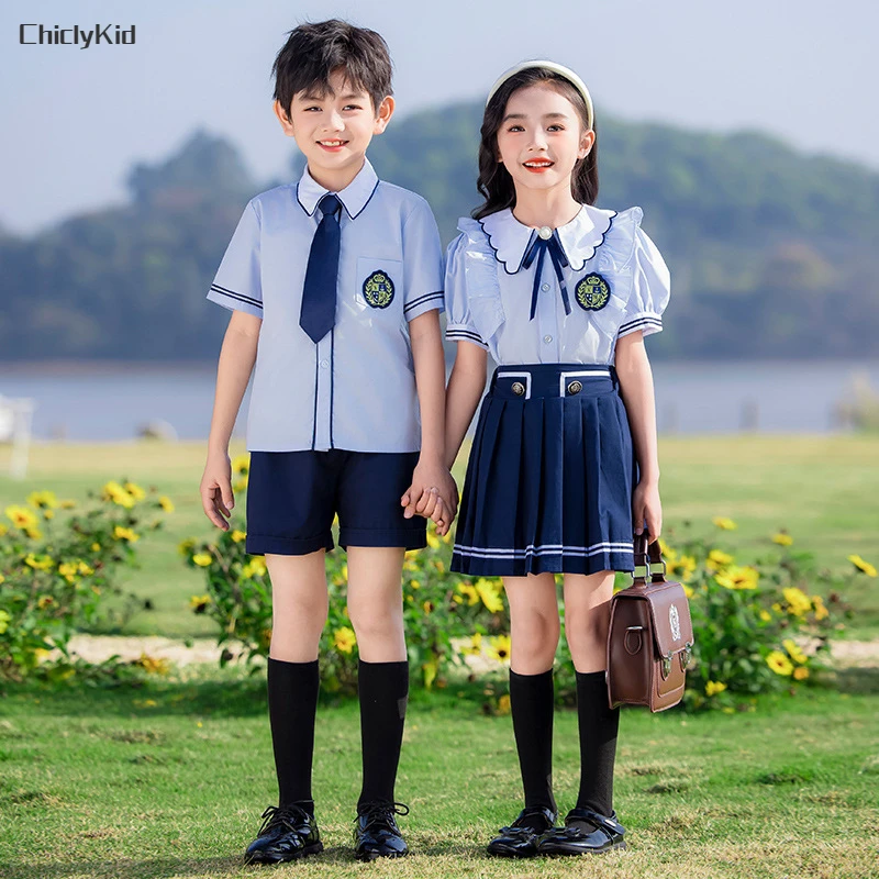 Boys-British-Shirt-Tie-Shorts-Girls-Peter-Pan-Collar-Blouse-Skirts-Kids-Toddler-Cute-Clothes-Sets-1