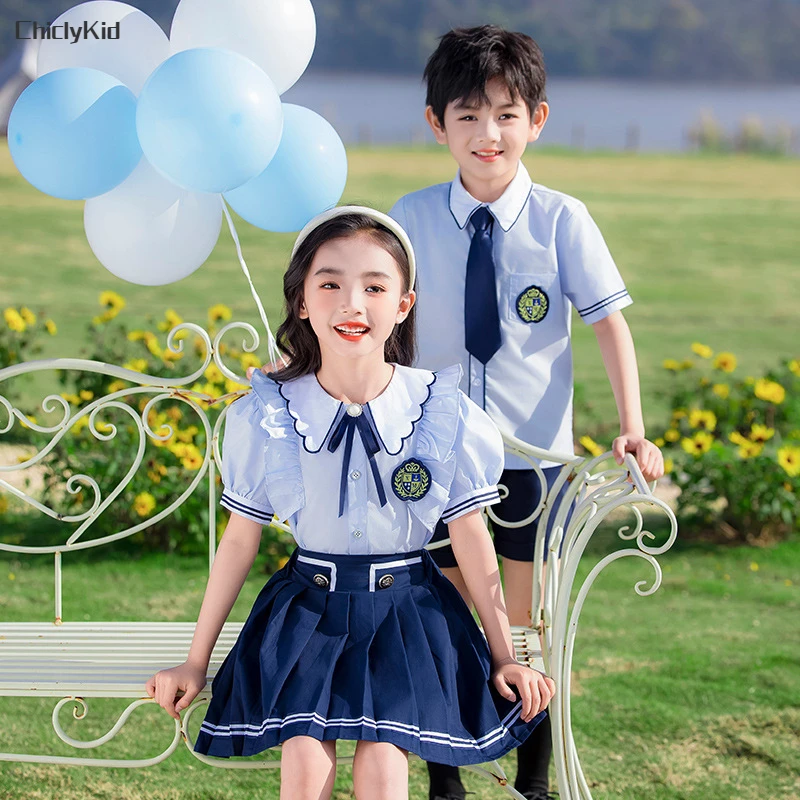 Boys-British-Shirt-Tie-Shorts-Girls-Peter-Pan-Collar-Blouse-Skirts-Kids-Toddler-Cute-Clothes-Sets-2