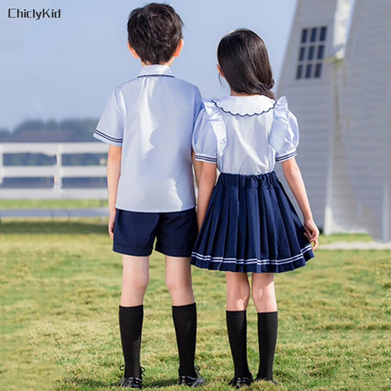 Boys-British-Shirt-Tie-Shorts-Girls-Peter-Pan-Collar-Blouse-Skirts-Kids-Toddler-Cute-Clothes-Sets-4