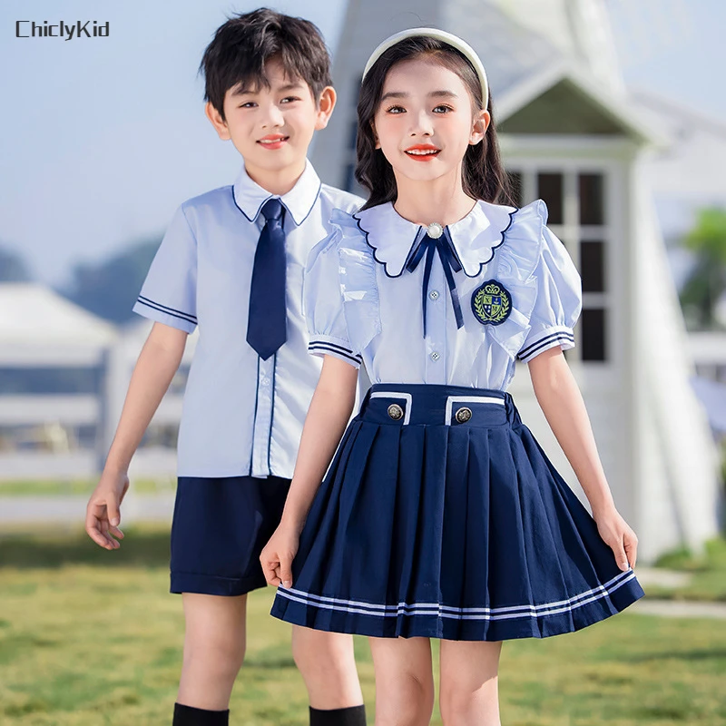 Boys-British-Shirt-Tie-Shorts-Girls-Peter-Pan-Collar-Blouse-Skirts-Kids-Toddler-Cute-Clothes-Sets